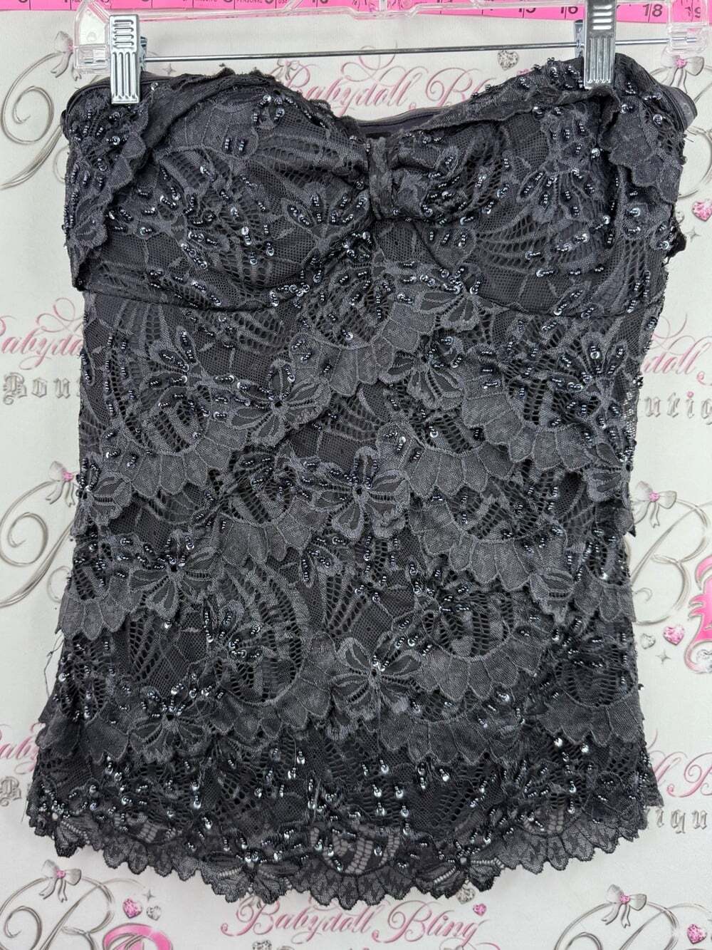 le chateau strapless beaded sequin top Black grey Lace Strapless Beaded Camisole